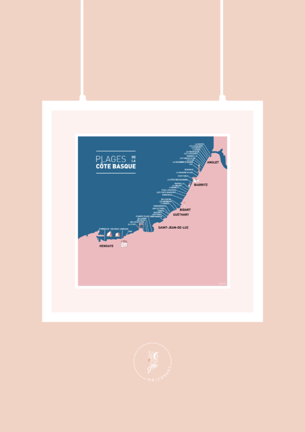 Carte des plages de la Côte Basque Affiche 25x25cm Carte postale 10x10cm
