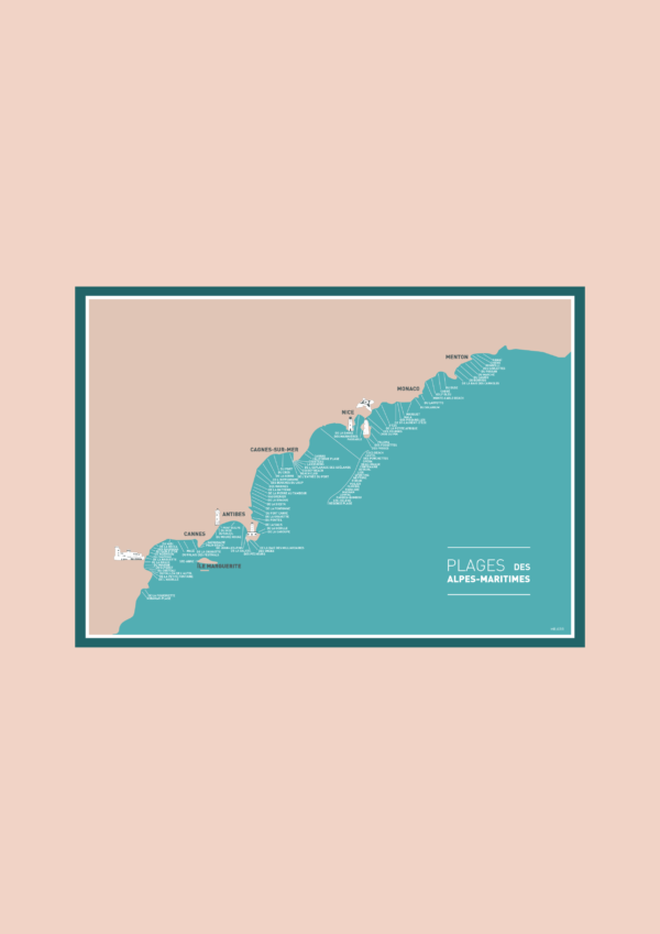 Carte des plages des Alpes Maritimes Affiche A3 Carte postale – Image 2