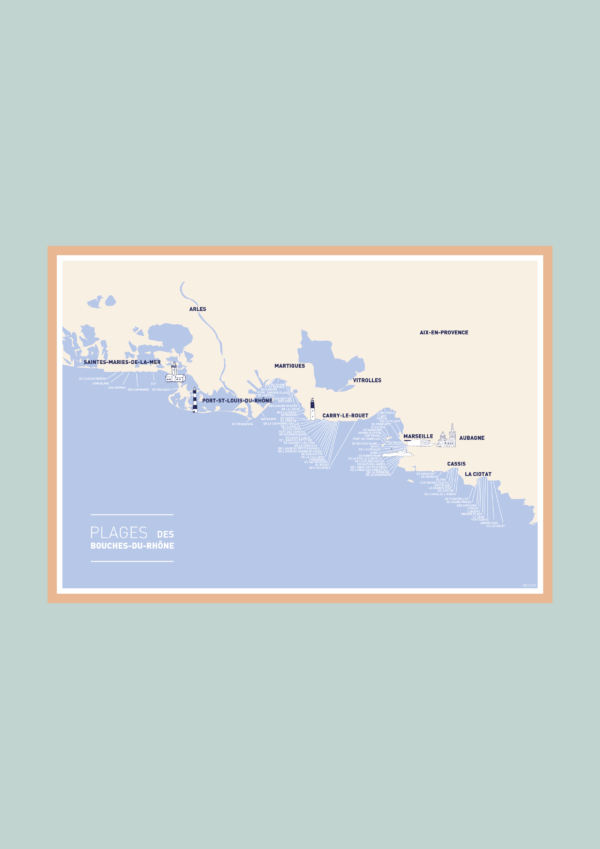 Carte des plages des Bouches du Rhône Affiche A3 Carte postale – Image 2