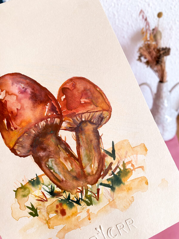Peinture aquarelle originale champignons A5 – Image 4