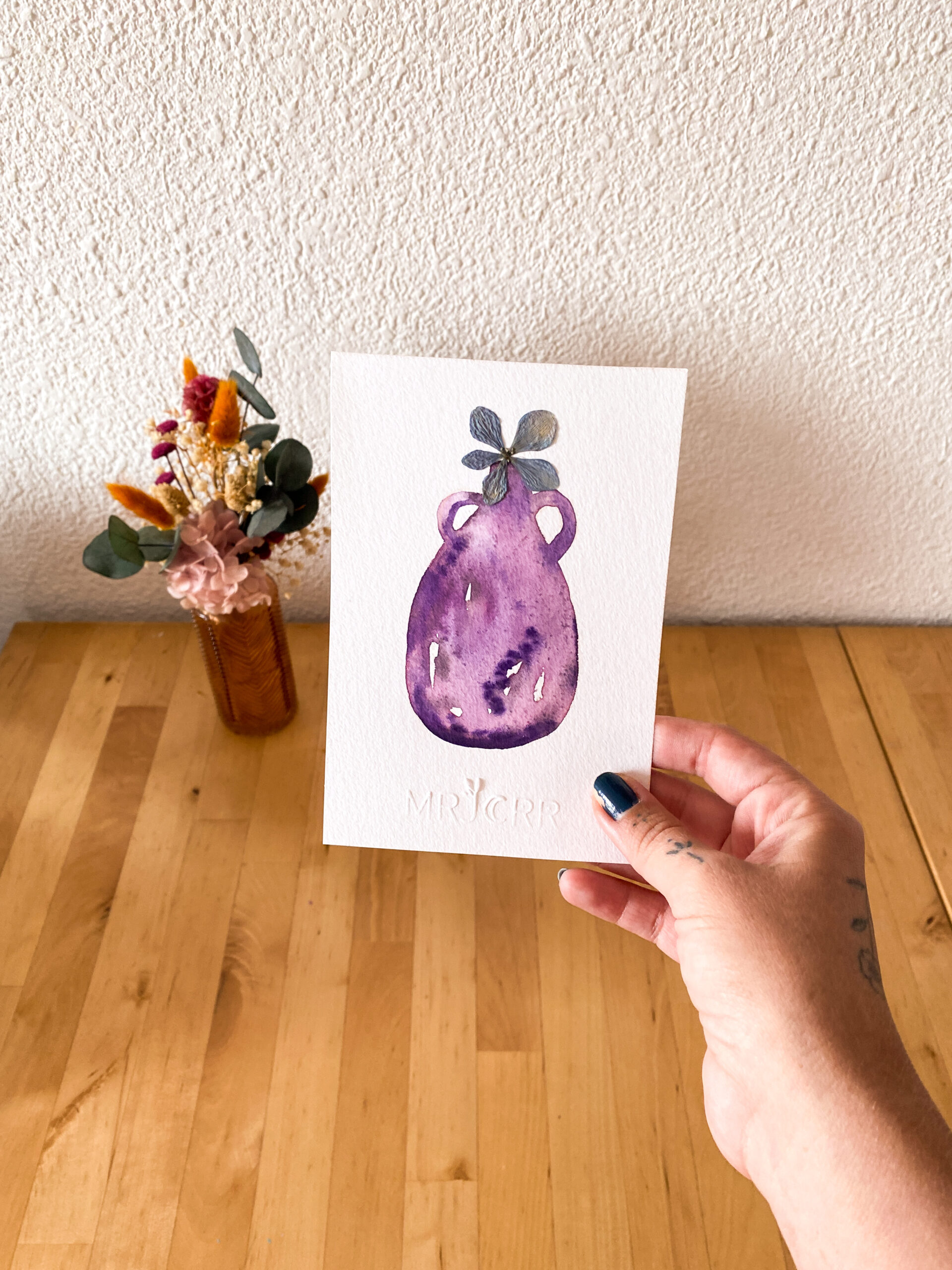 Peinture aquarelle originale vase et fleurs A6 – Image 3