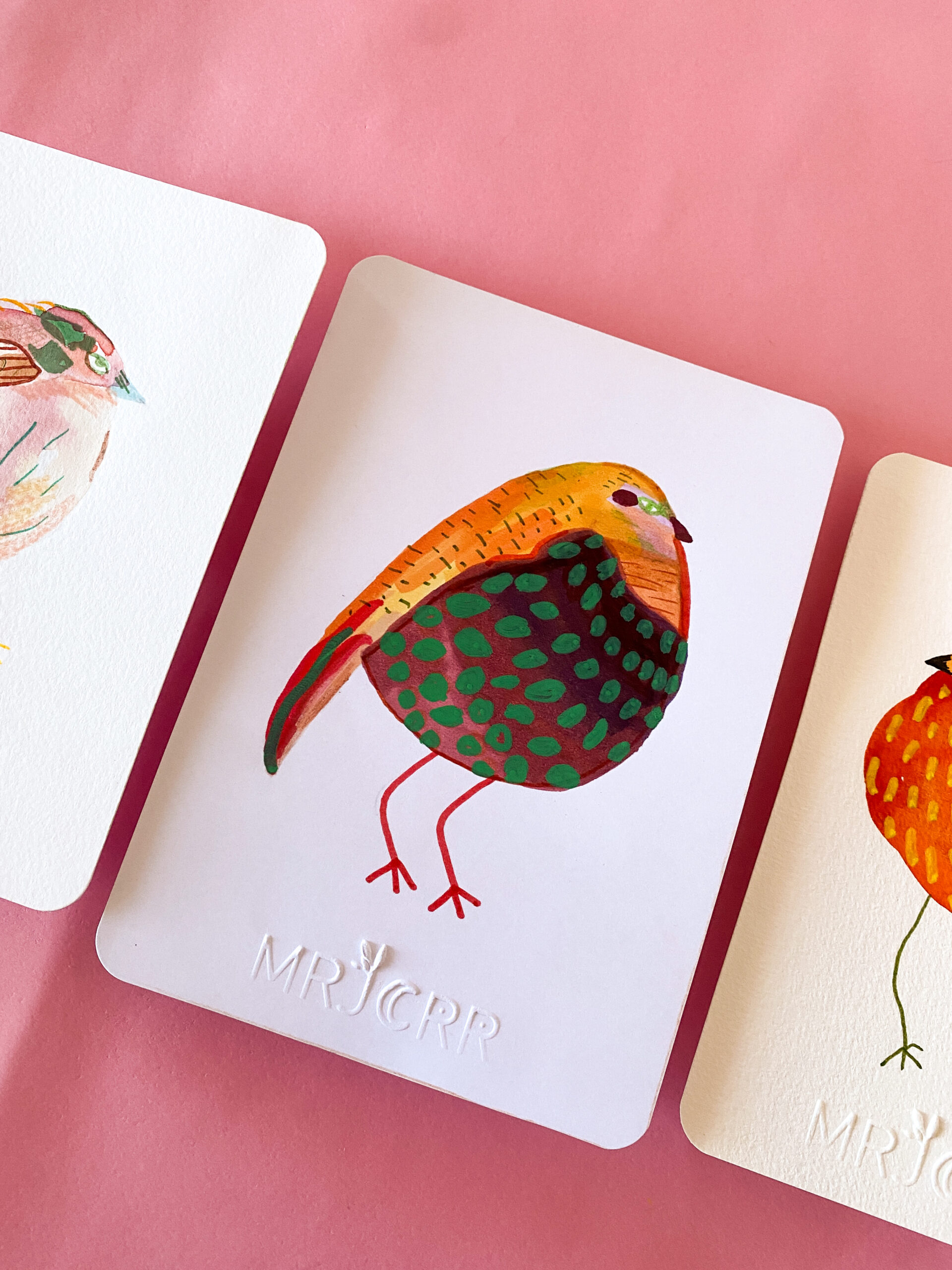 Peinture originale petit oiseau en trio – Image 3