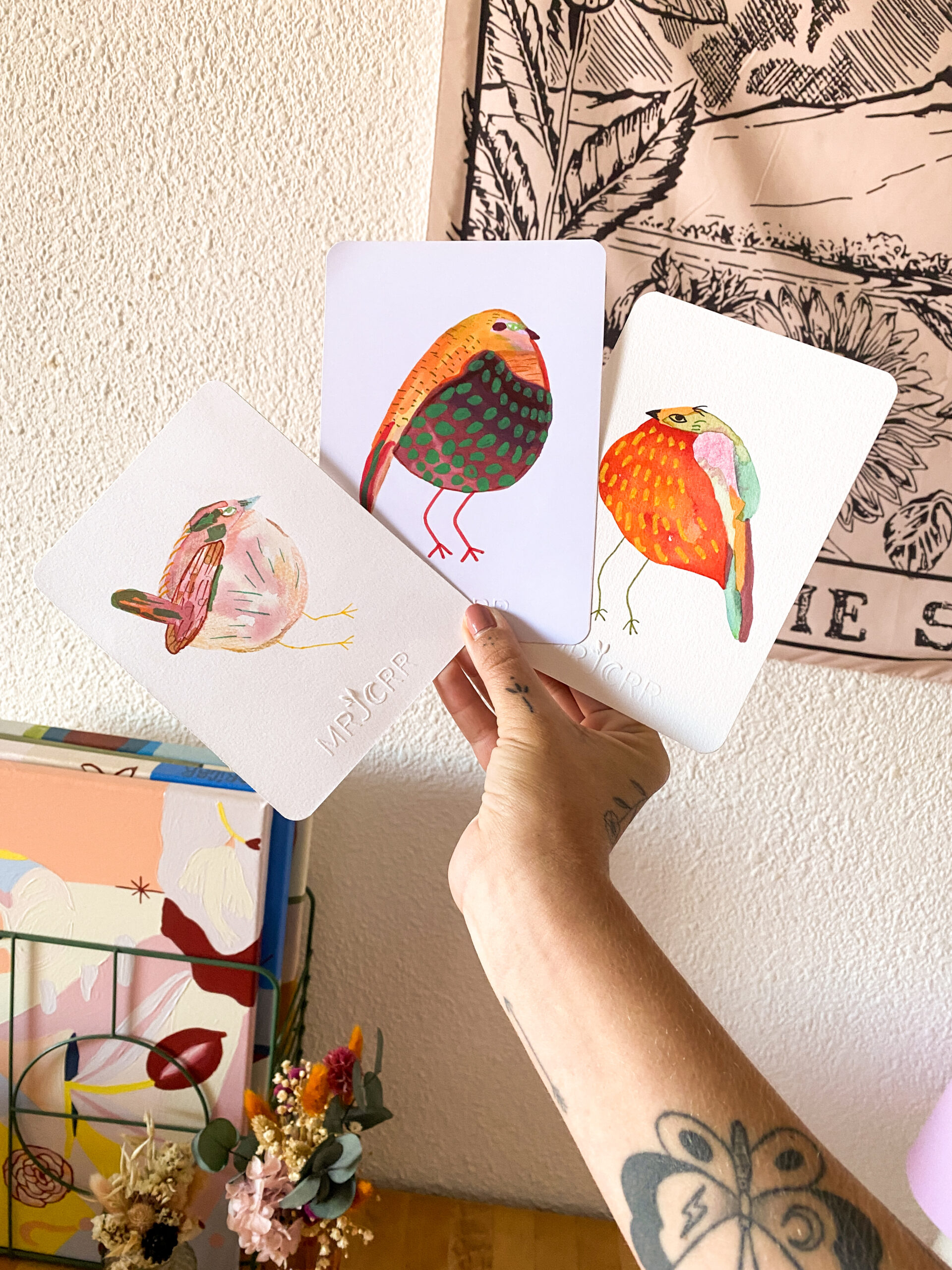 Peinture originale petit oiseau en trio – Image 5
