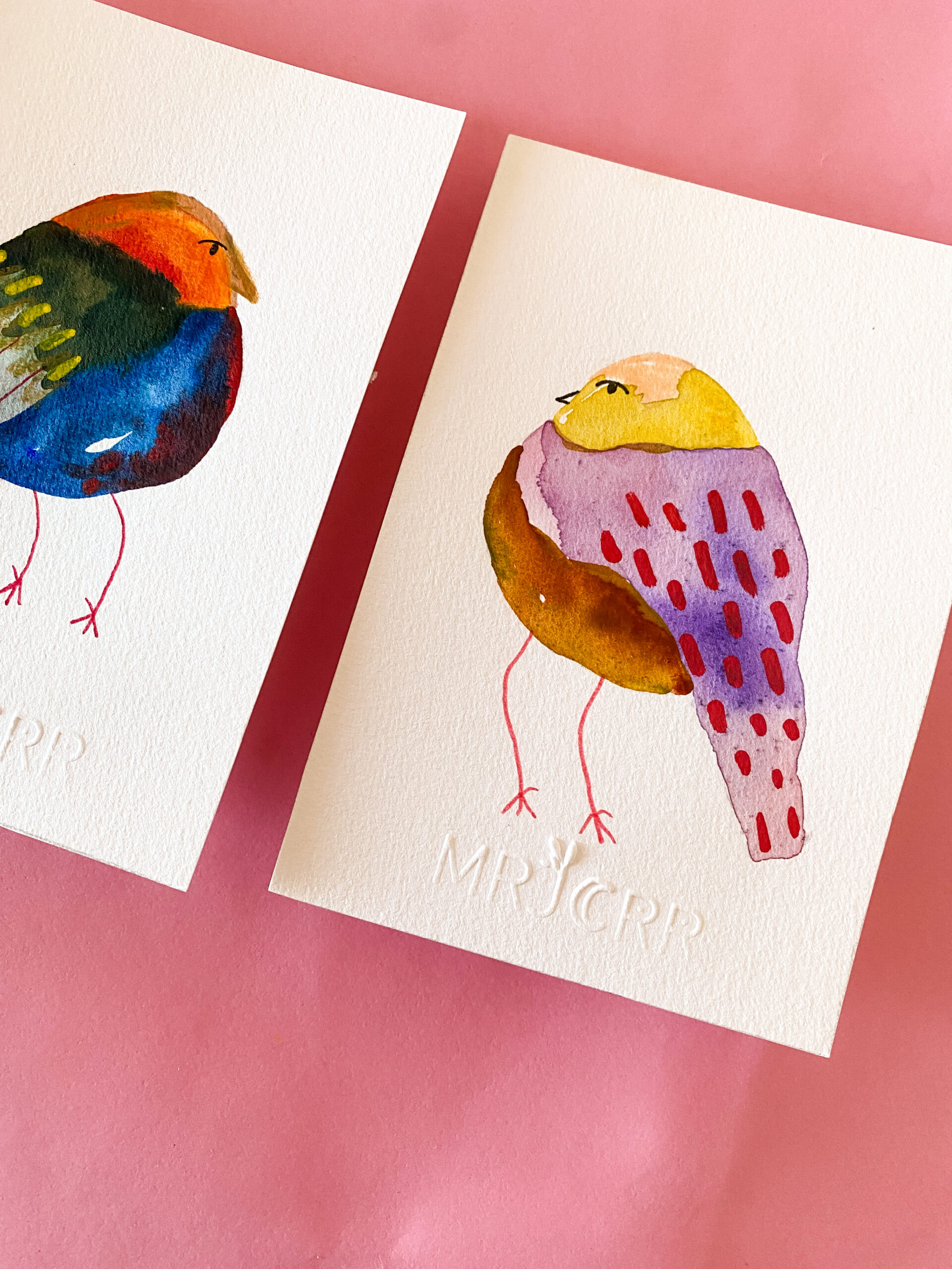 Peinture originale petit oiseau en trio – Image 2