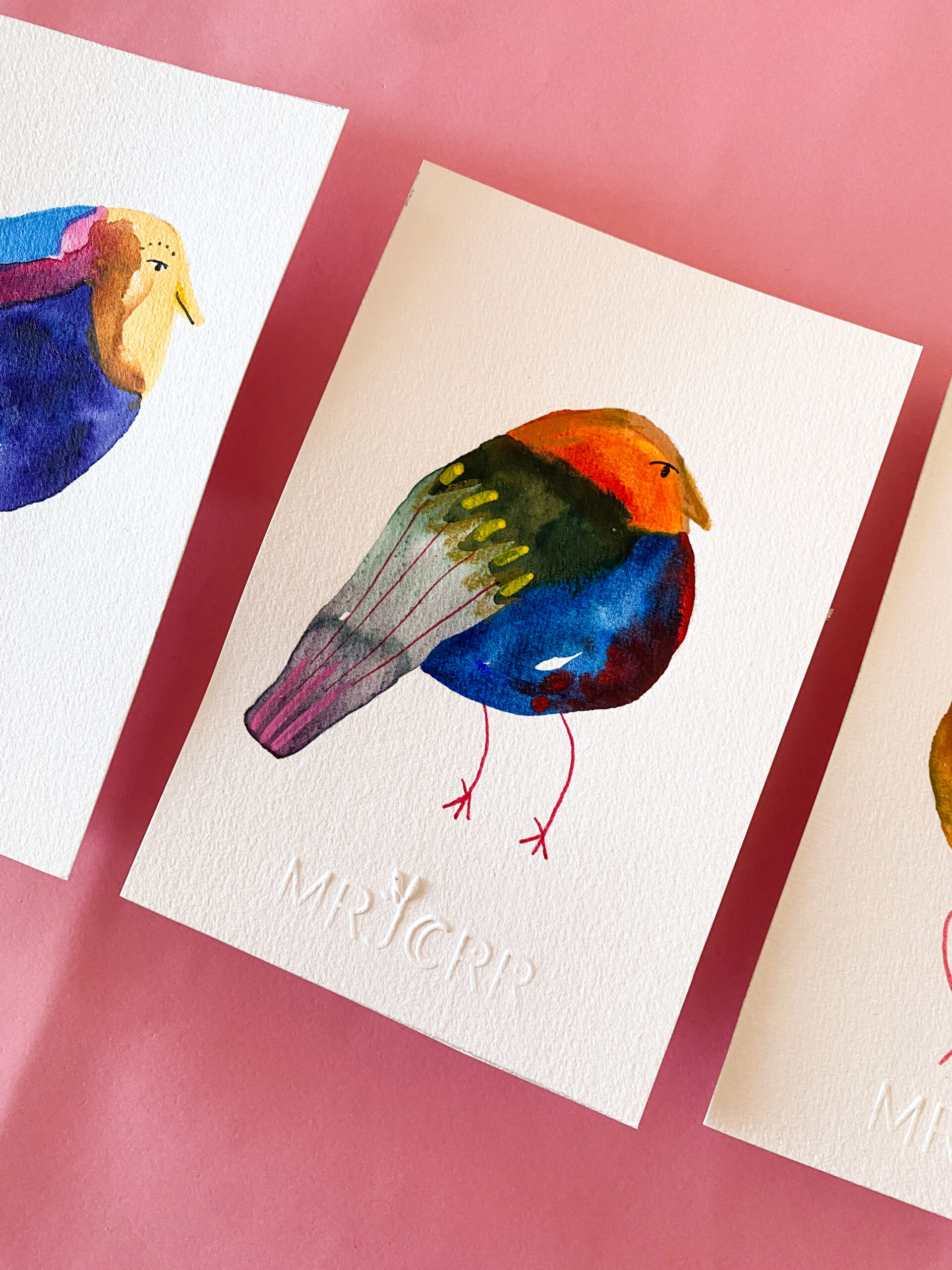 Peinture originale petit oiseau en trio – Image 3