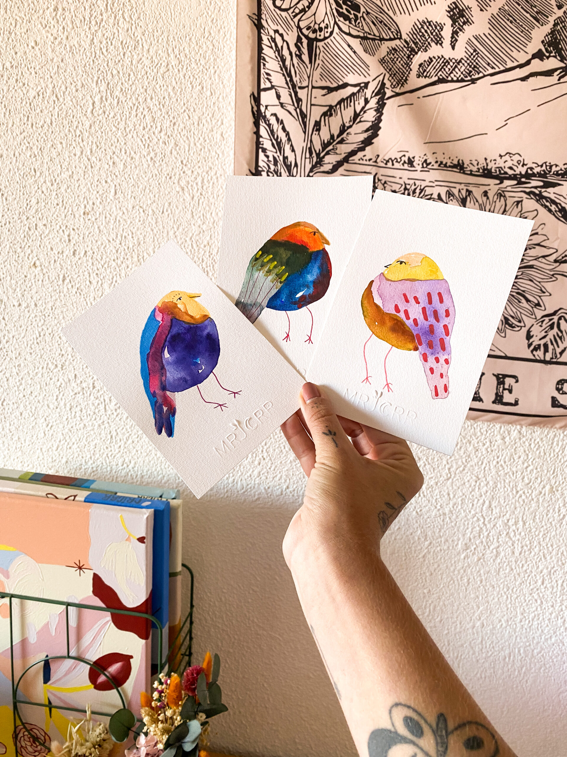 Peinture originale petit oiseau en trio – Image 4